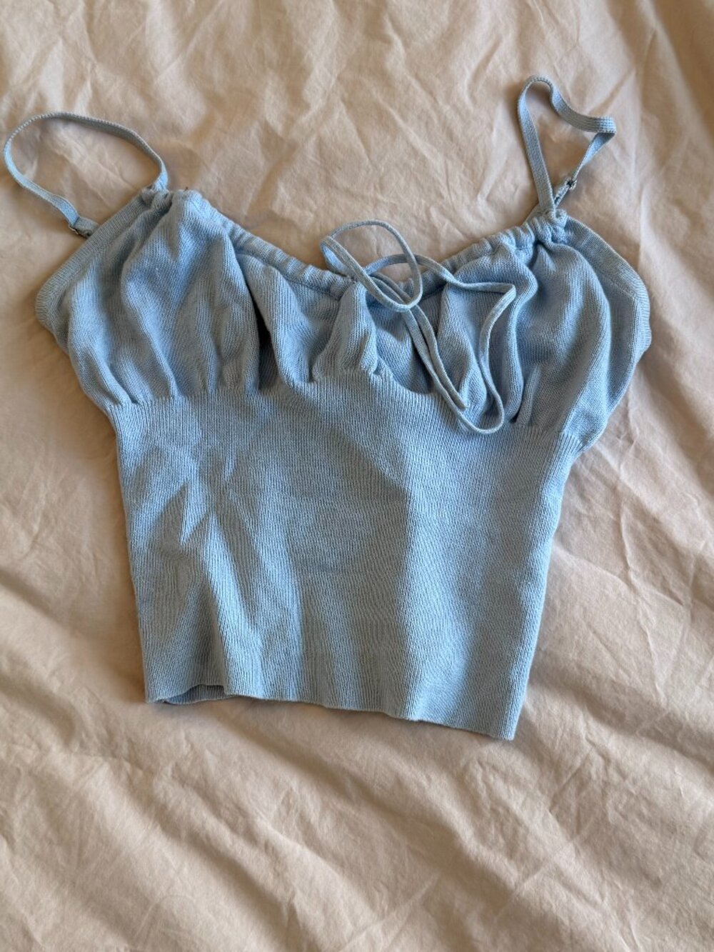Blue Blush baby blue knit crop tank with bow